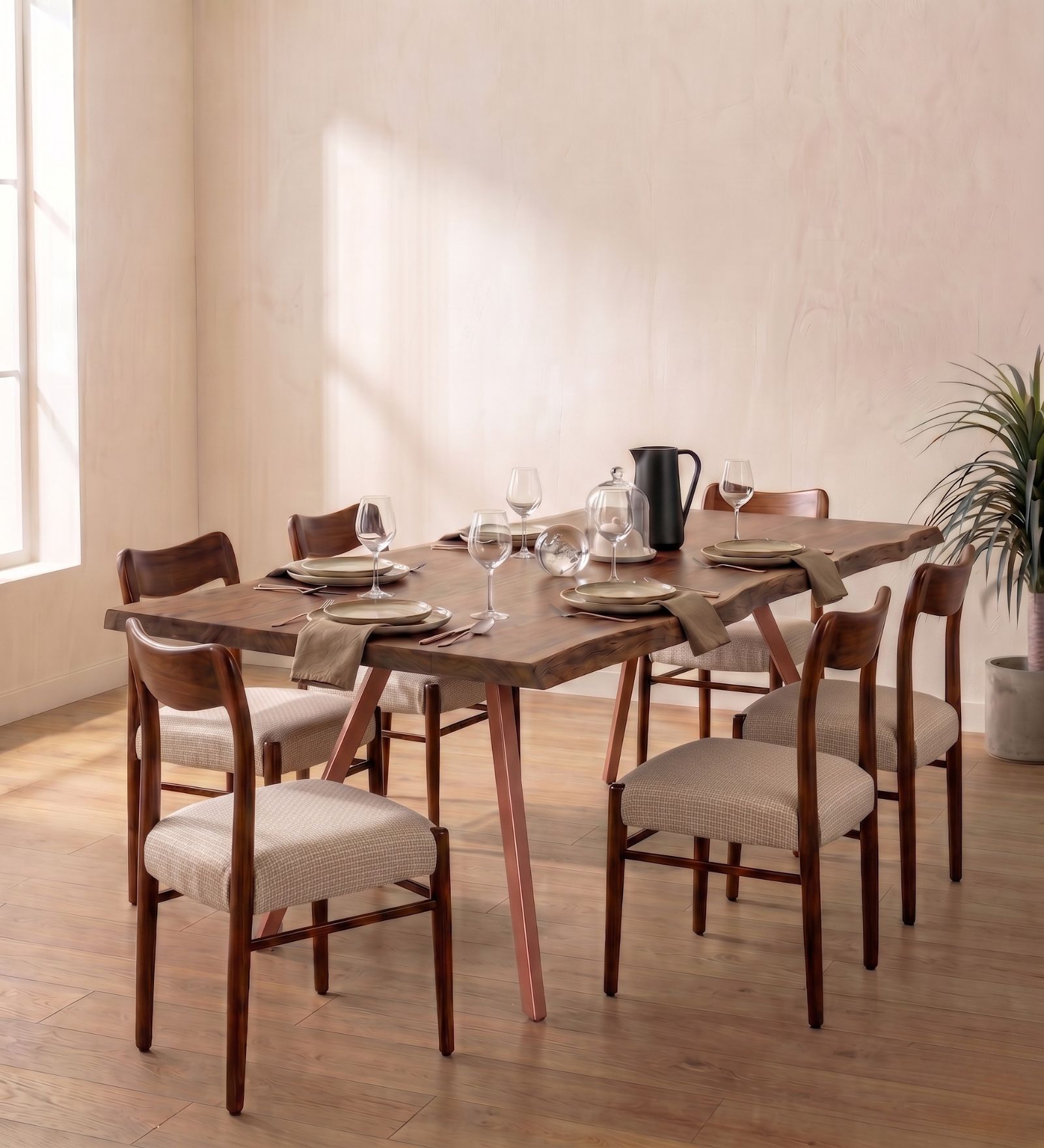 Swerve 6 Seater Acacia Wood Dining Table Set With Cushioned Teak Chairs In Natural Finish Swerve 6 Seater Acacia Wood Dining Table Set With Cushioned Teak Chairs In Natural Finish
