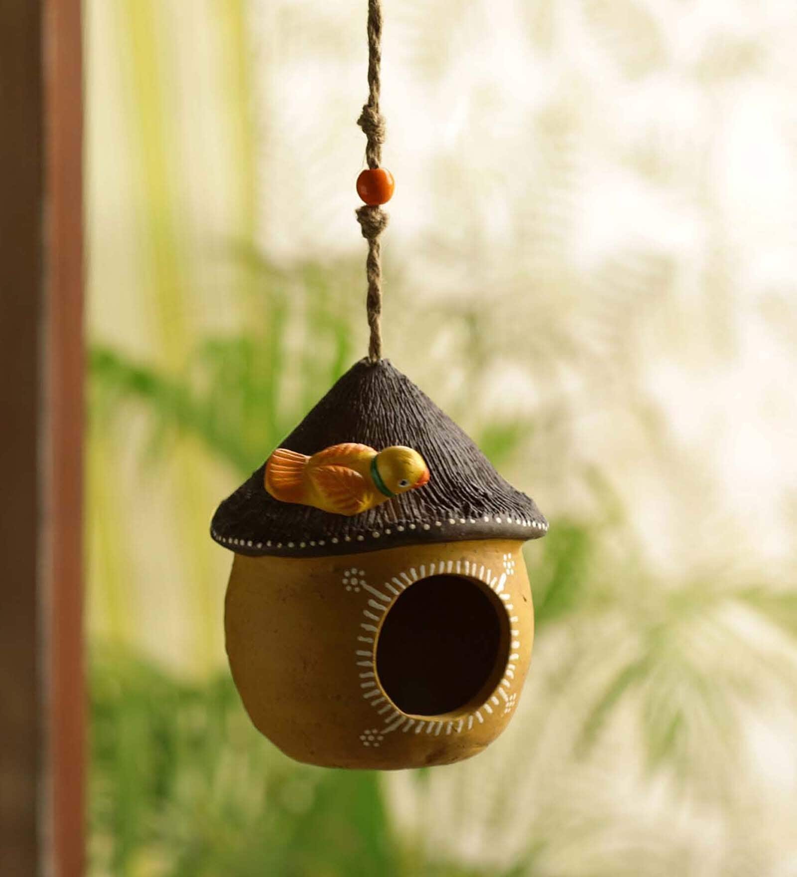 Swinging Cottage Yellow & Brown Terracotta Bird House