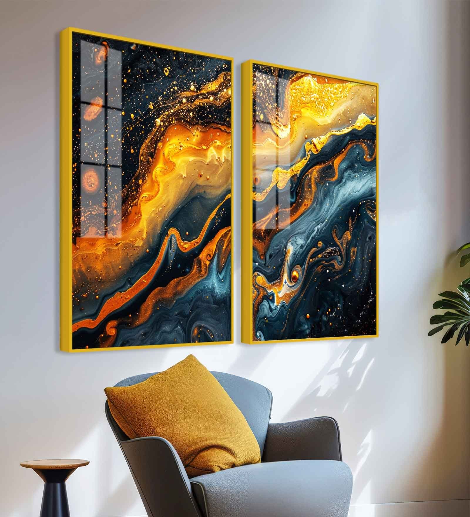Swirling Golden Abstract Textured Acrylic Art Framed Art Panel (Set Of 2)