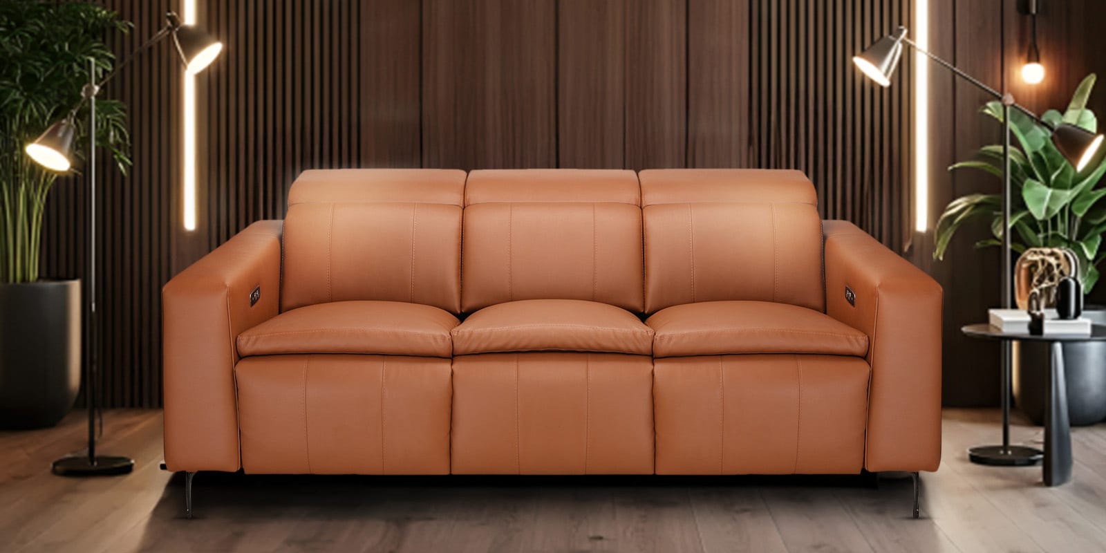 Ramona Leatherette Three Seater Motorized Recliner in Tan Colour