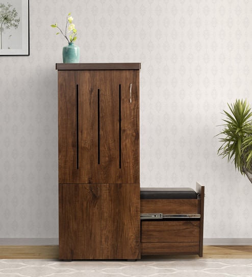 Kasper Shoe Rack with Seating in Brown Teak Matte Finish