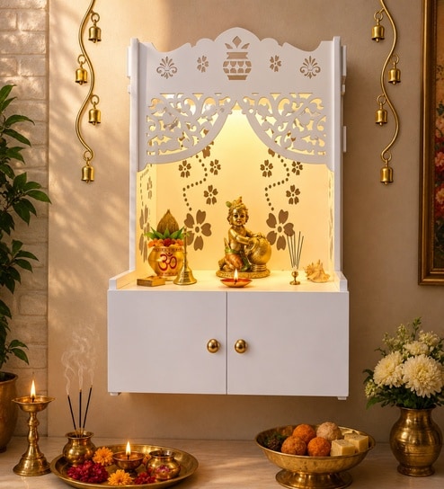 Swastika Kalash Symbol of Hindu Religious White Wooden Wall Temple for Home With Inbuilt focus Lights & Spacious Shelf