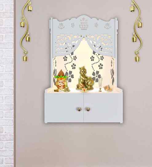 Swastika Kalash Symbol of Hindu Religious White Wooden Wall Temple for Home With Inbuilt focus Lights & Spacious Shelf