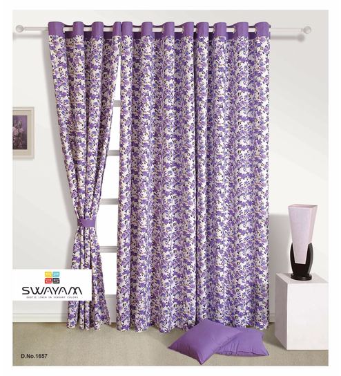 Buy Purple Cotton Floral Print Eyelet Curtain By Swayam Online
