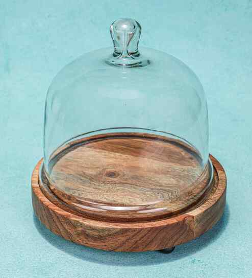 Sweet Haven Acacia Wood Cake Stand with Glass Dome