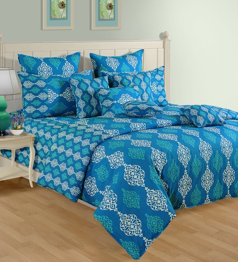Buy Swayam Blue Ethnic Printed Double Fitted (Elastic) Bedsheet Set