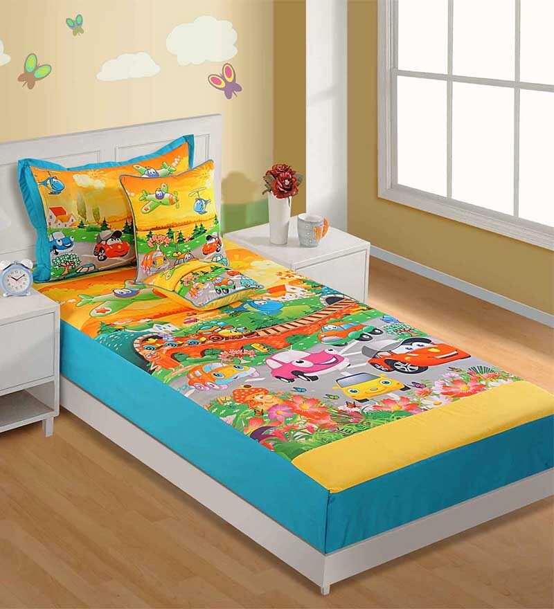 Buy Cotton SingleSize Cotton Bedsheet in Blue with Pillow Covers by