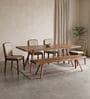 Swerve 6 Seater  Acacia Wood Dining Table Set With Bench And 4 Cushioned Teak Chairs In Natural Grain Finish