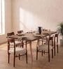 Swerve 6 Seater Acacia Wood Dining Table Set With Cushioned Teak Chairs In Natural Finish Swerve 6 Seater Acacia Wood Dining Table Set With Cushioned Teak Chairs In Natural Finish