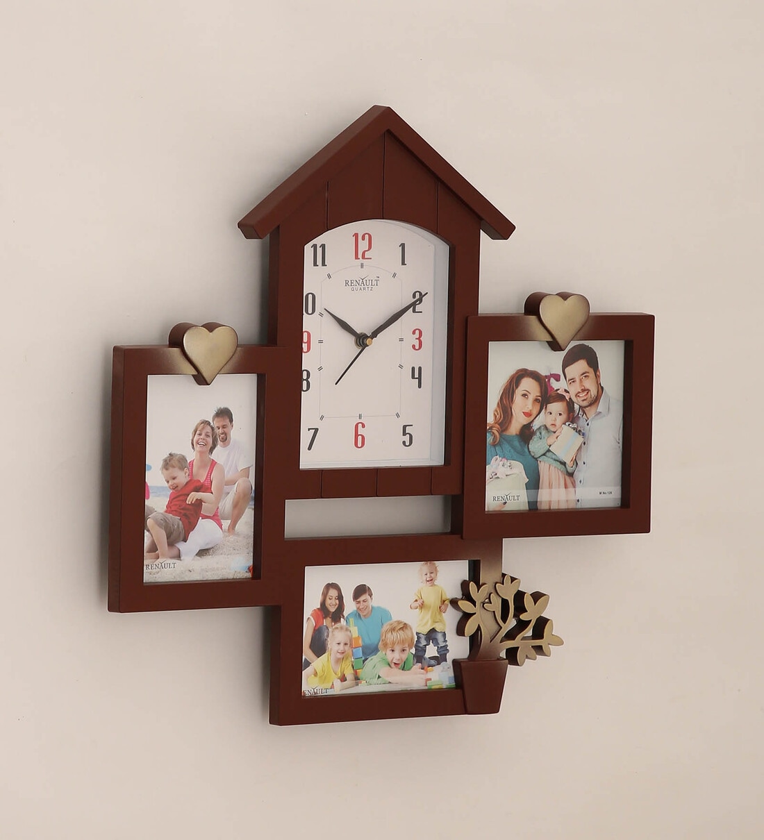 Buy Synthetic House Shape Wall Clock With Photo Frames In Black By