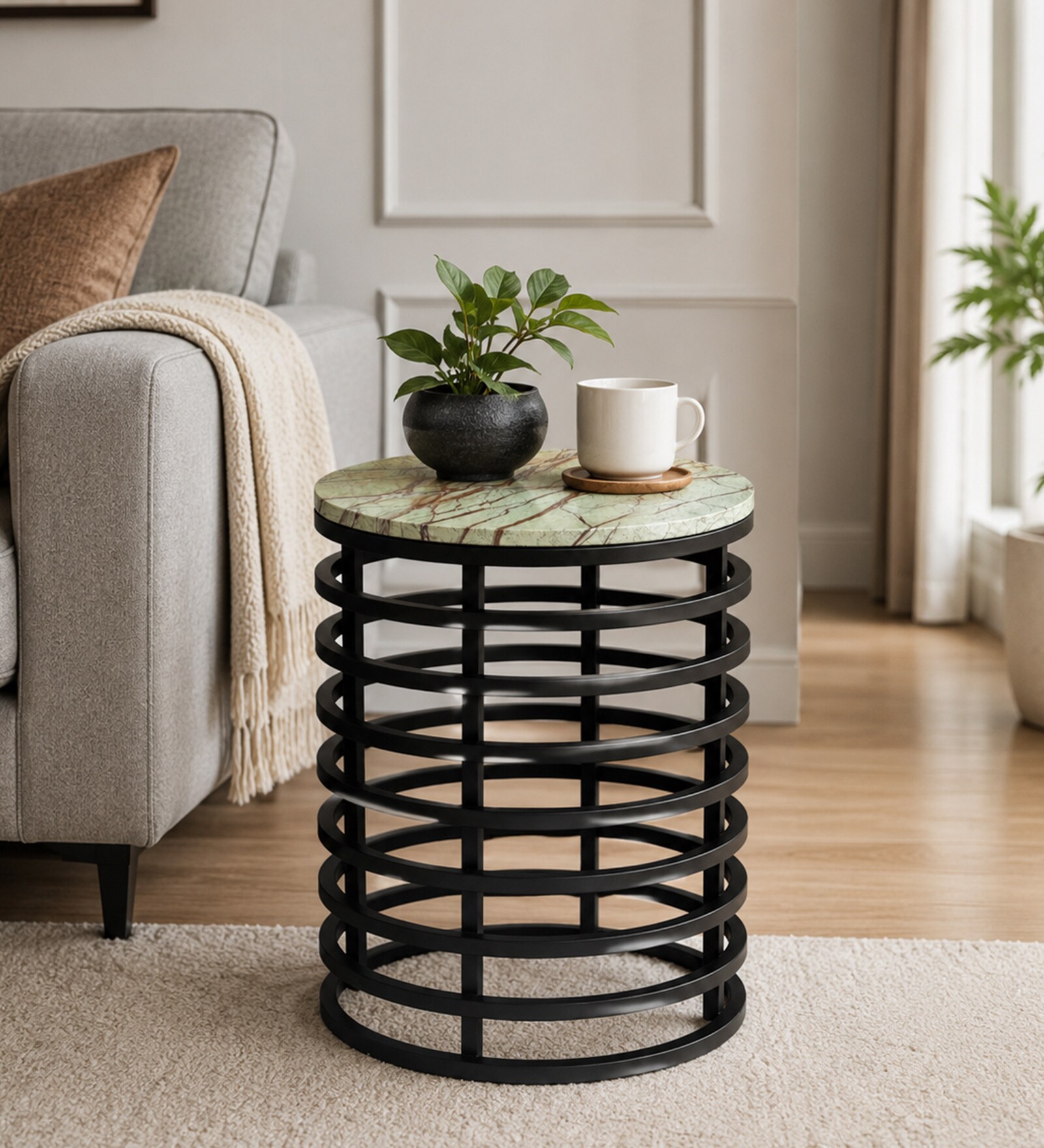 Sycamore Round Side Table in Black Finish With Marble Top