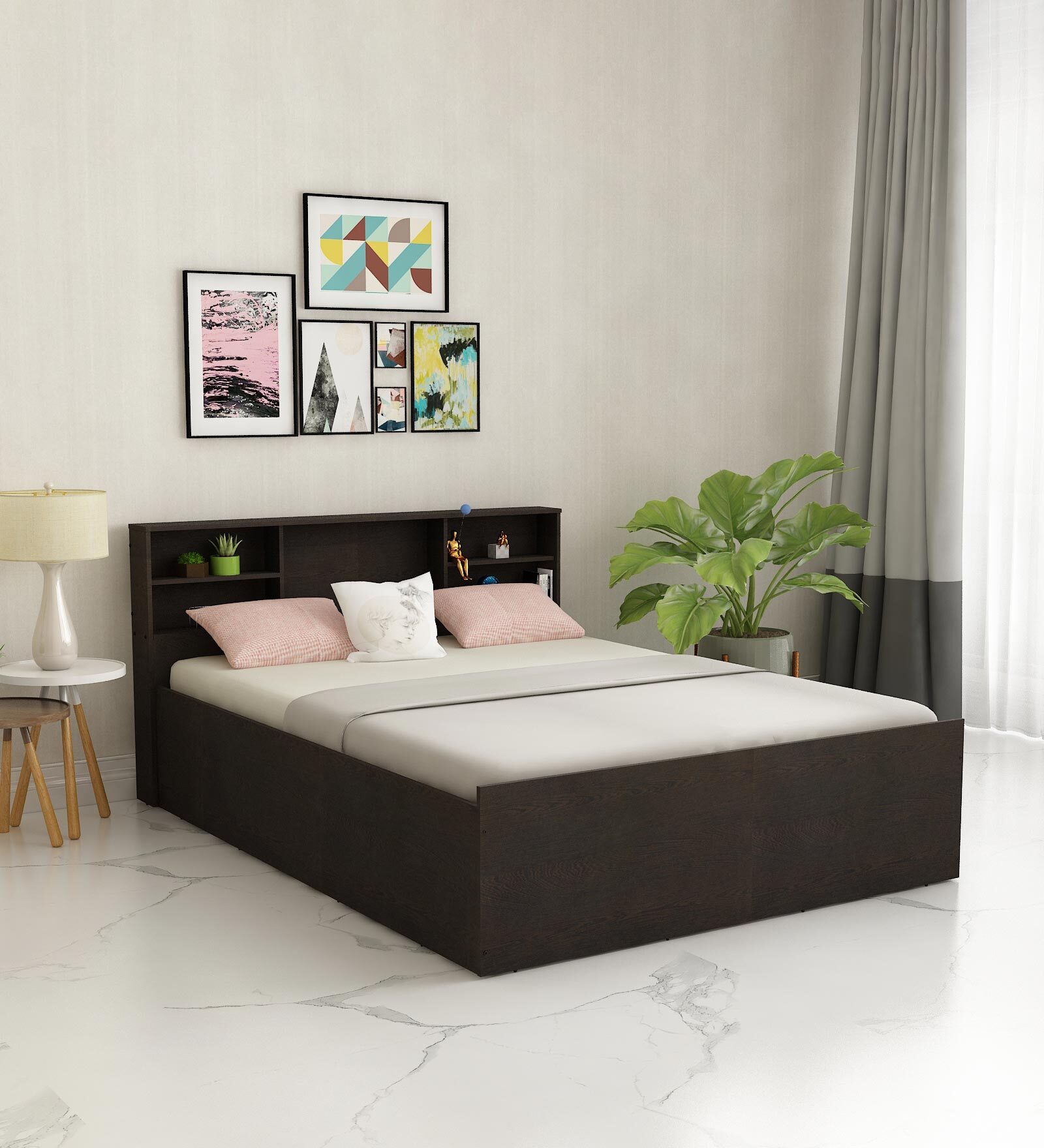 Sylvia Queen Size Bed in Dark Wenge Finish With Box Storage
