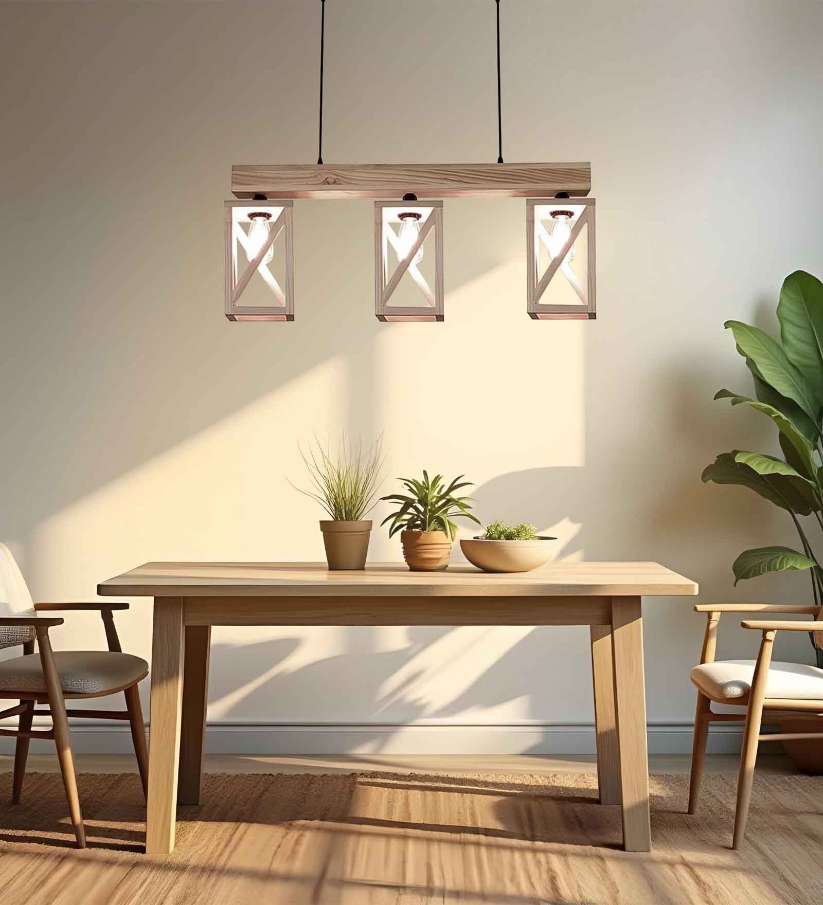 Symmetric 3 Lights Beige Solid Wood Linear Chandelier Cluster Hanging Light