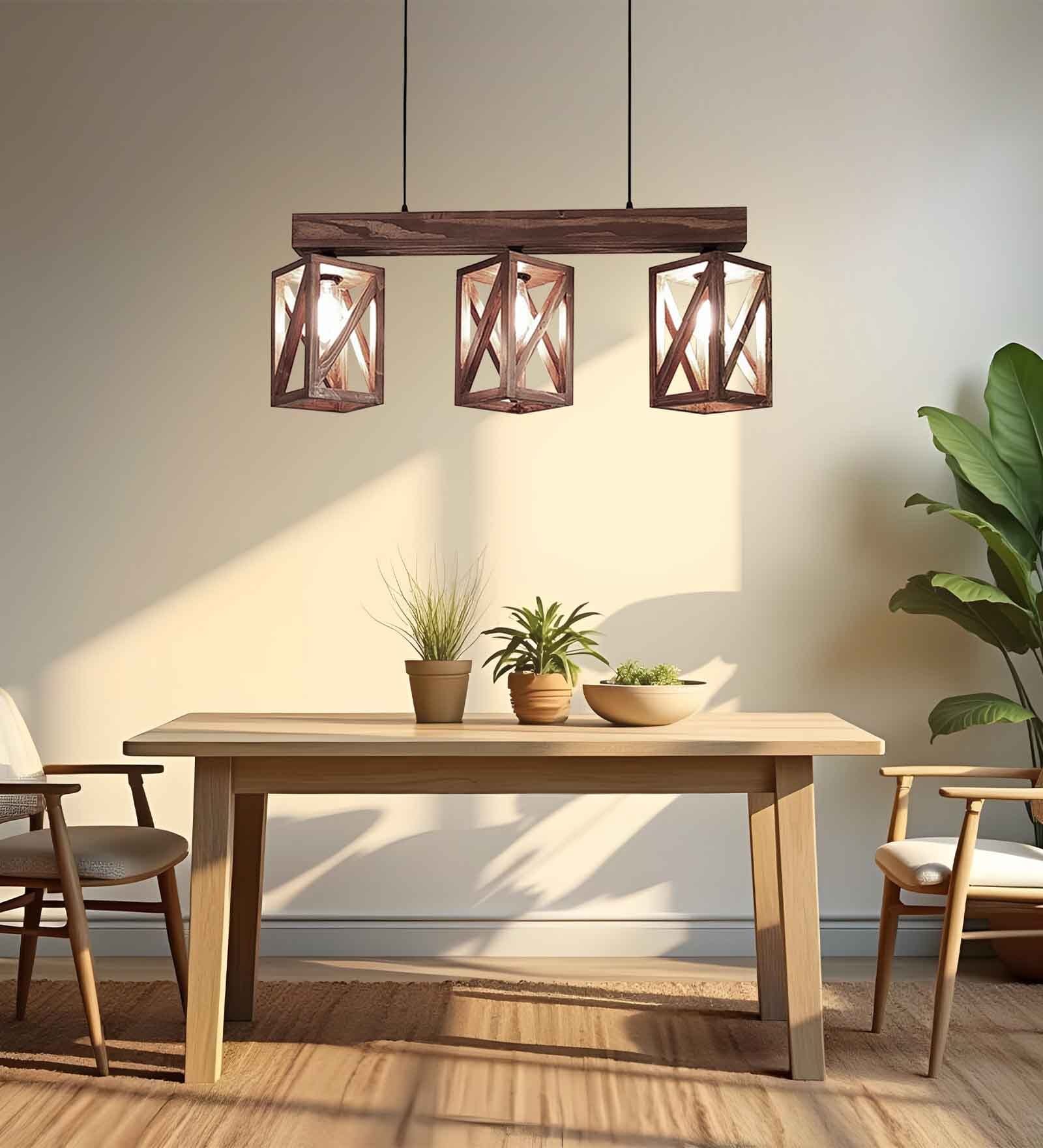 Symmetric 3 Lights Brown Solid Wood Linear Chandelier Cluster Hanging Light