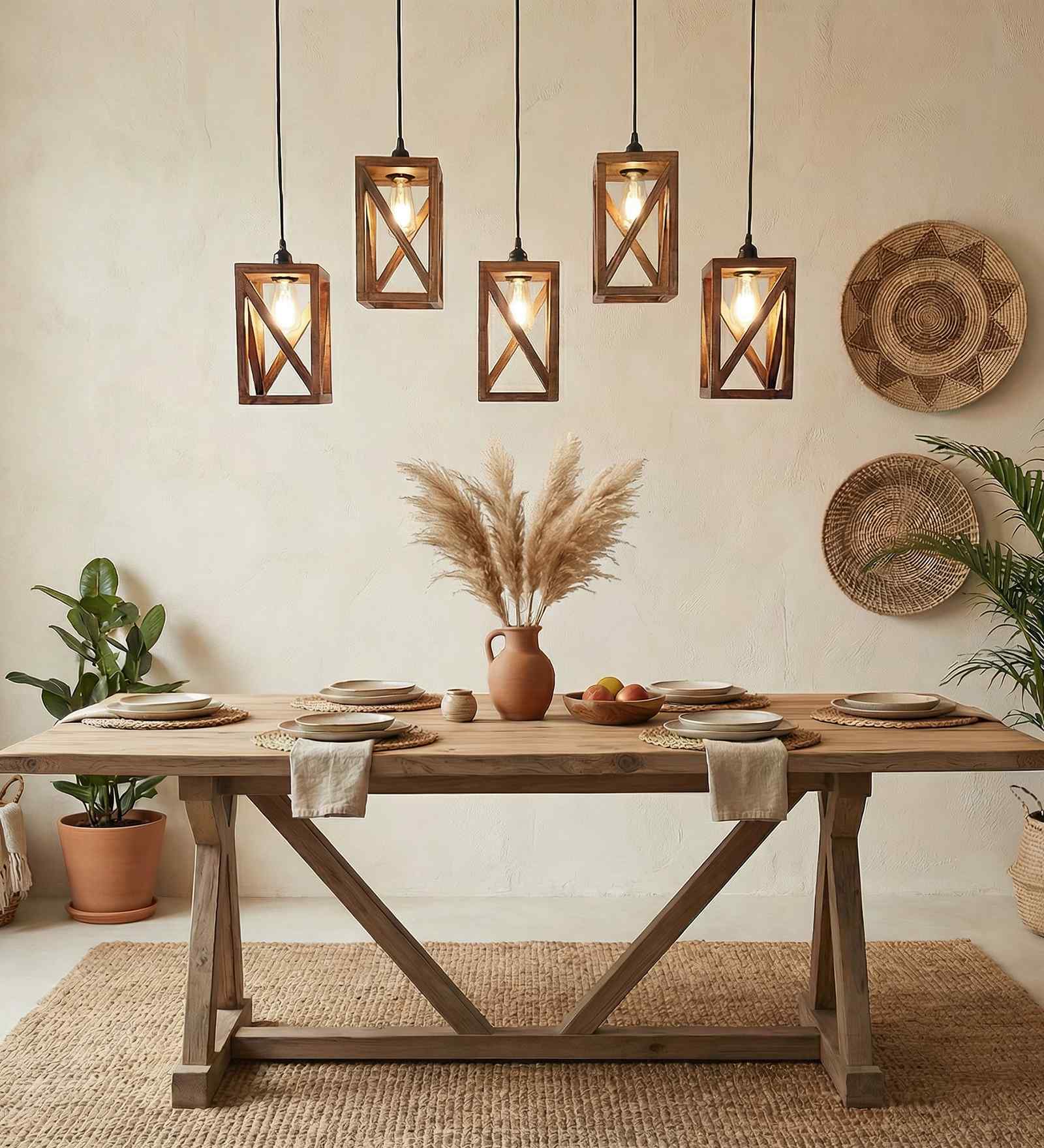 Symmetric 5 Lights Brown Solid Wood Linear Chandelier Cluster Hanging Light