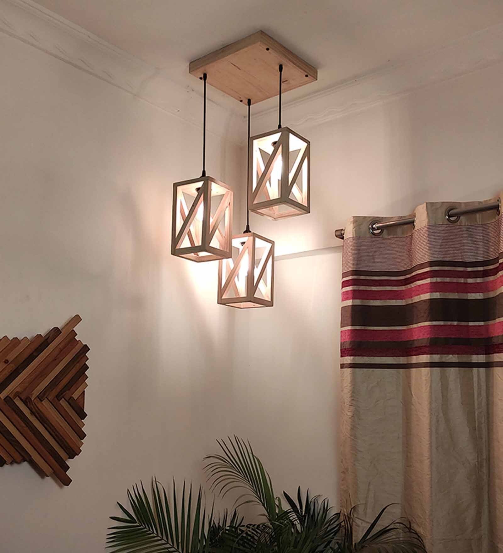 Symmetric Beige Solid Wood Cluster Hanging Lights