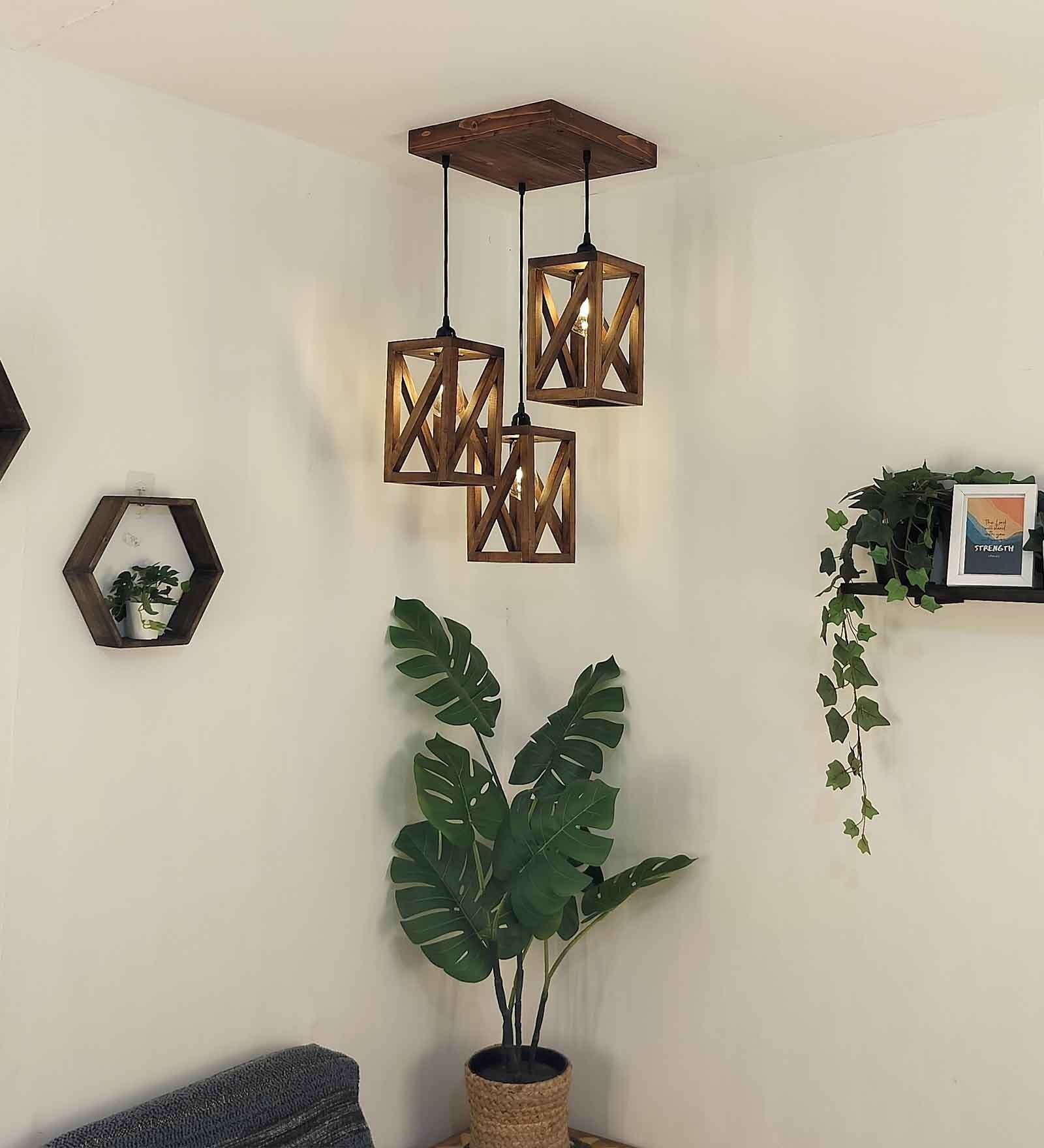 Symmetric Brown Solid Wood Cluster Hanging Light