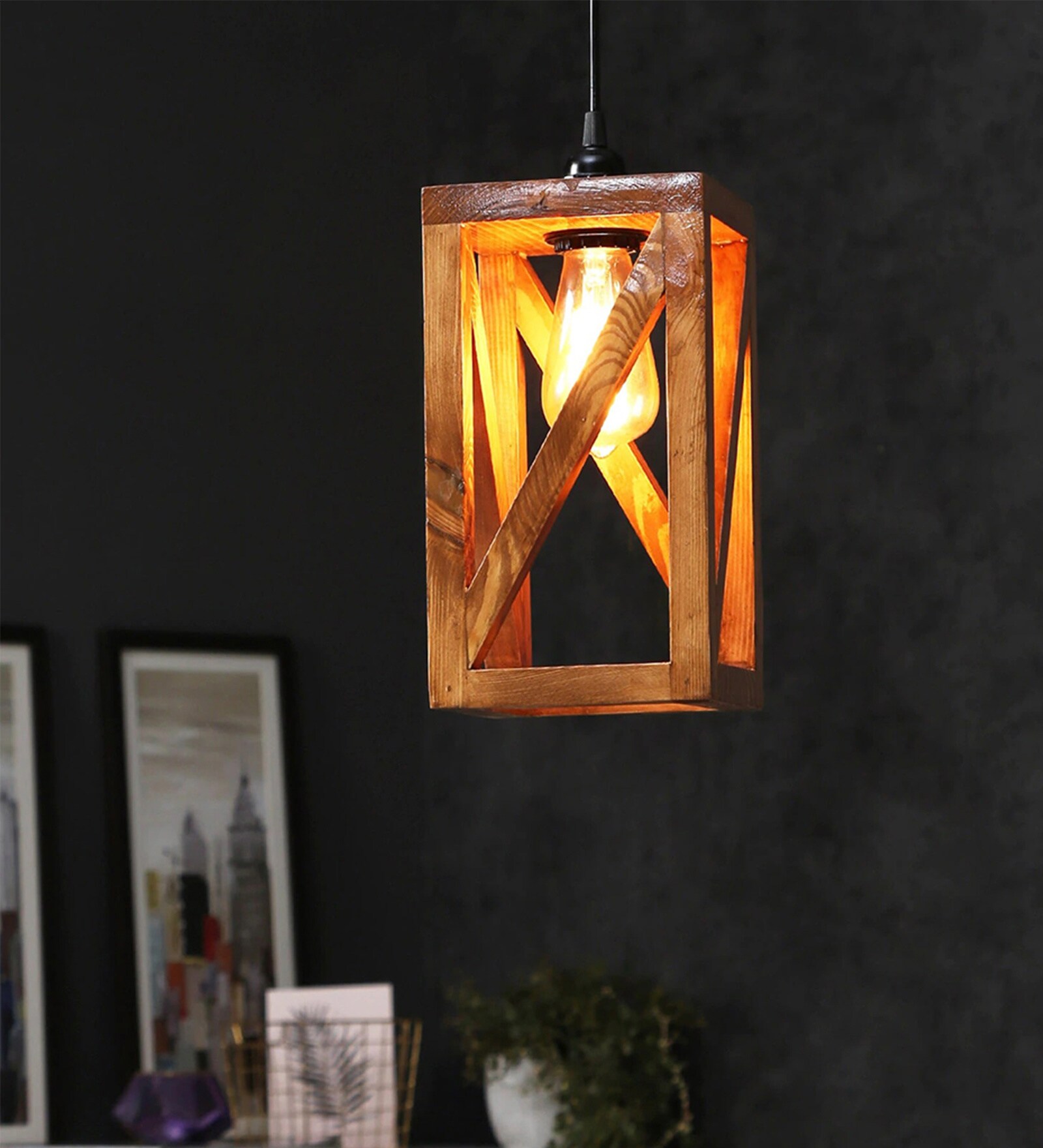 Symmetric Brown Solid Wood Single Hanging Light