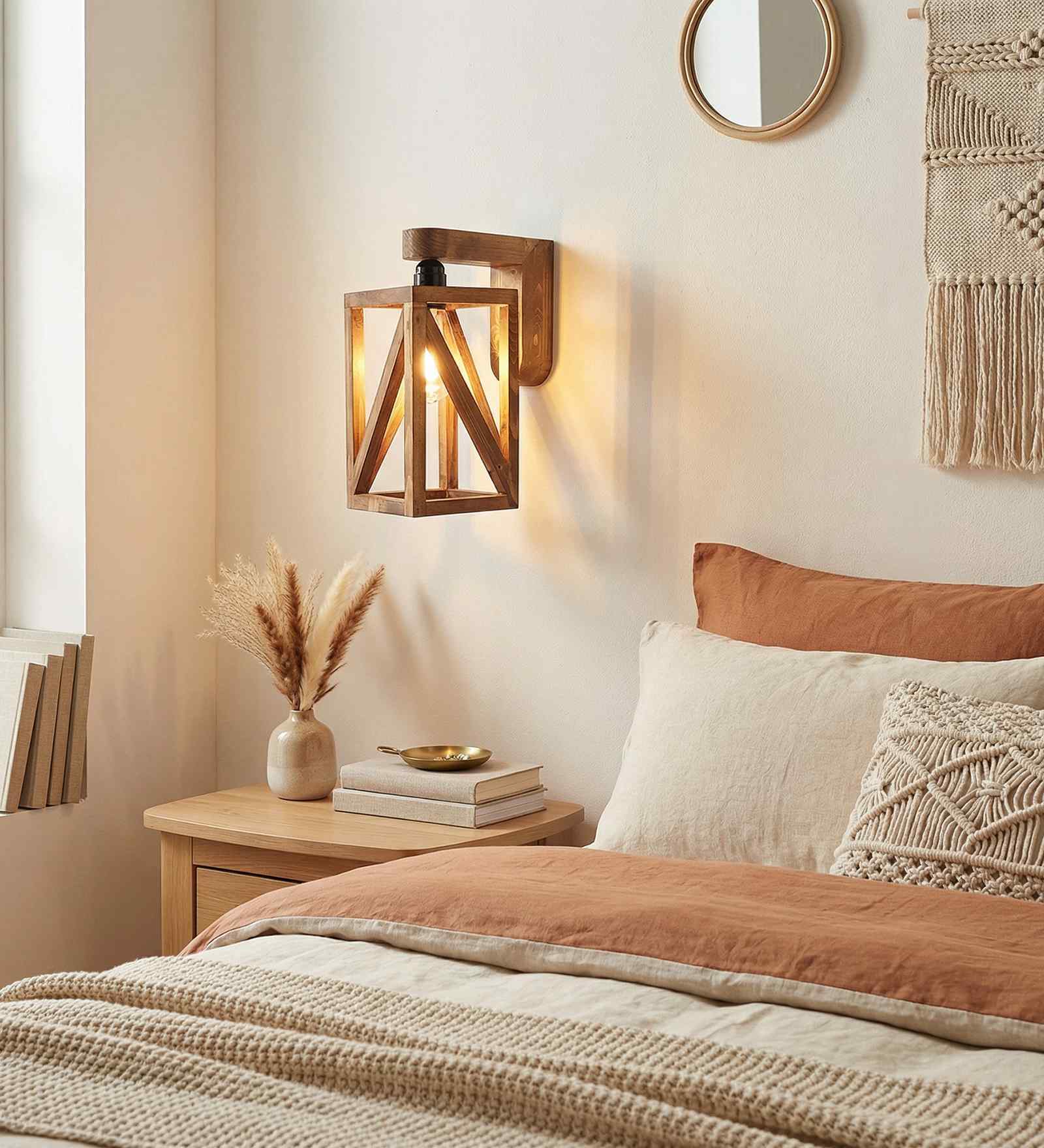 Symmetric Brown Solid Wood Wall Sconces