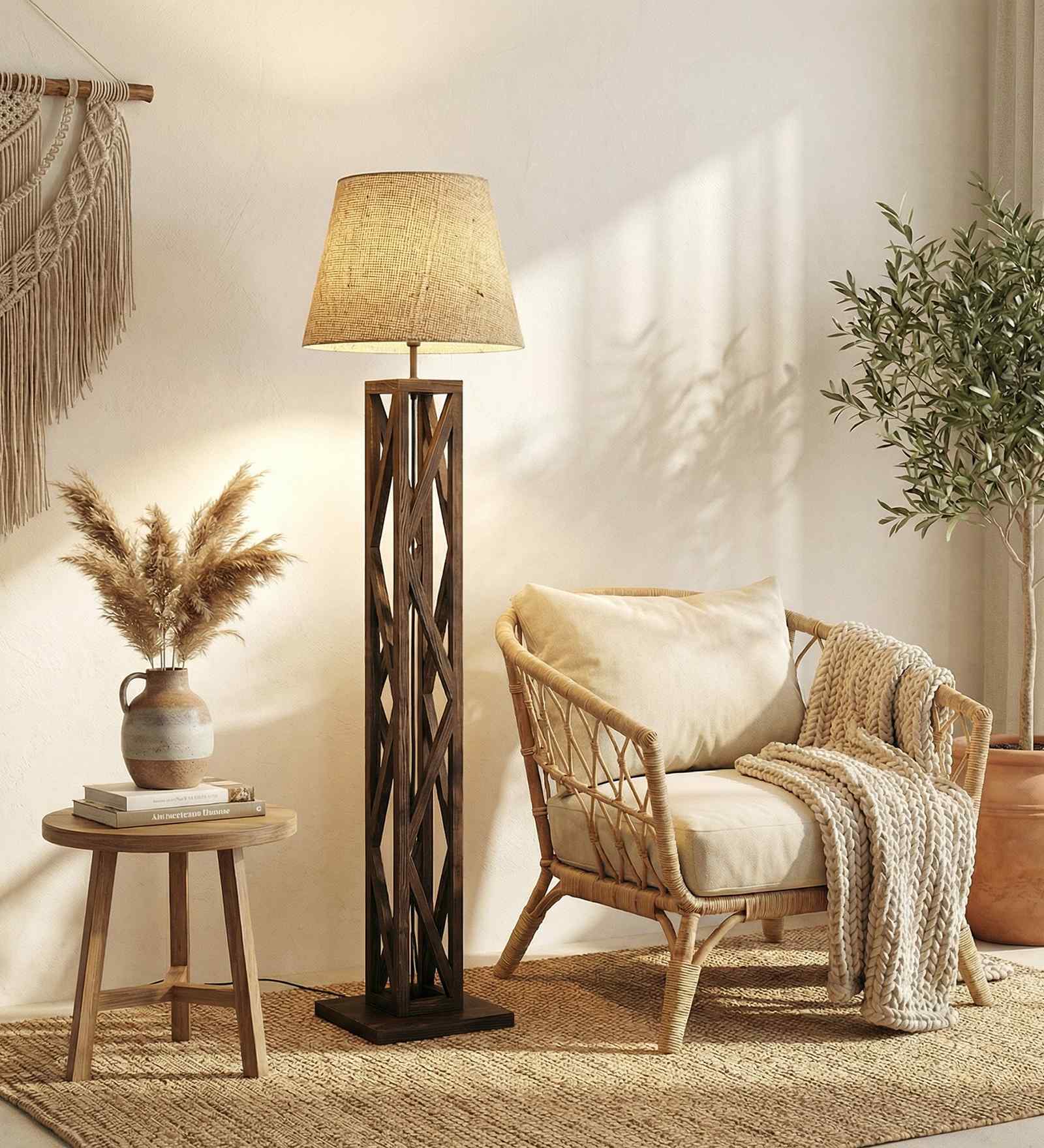 Symmetric Wooden Floor Lamp with Jute Shade & Brown Base