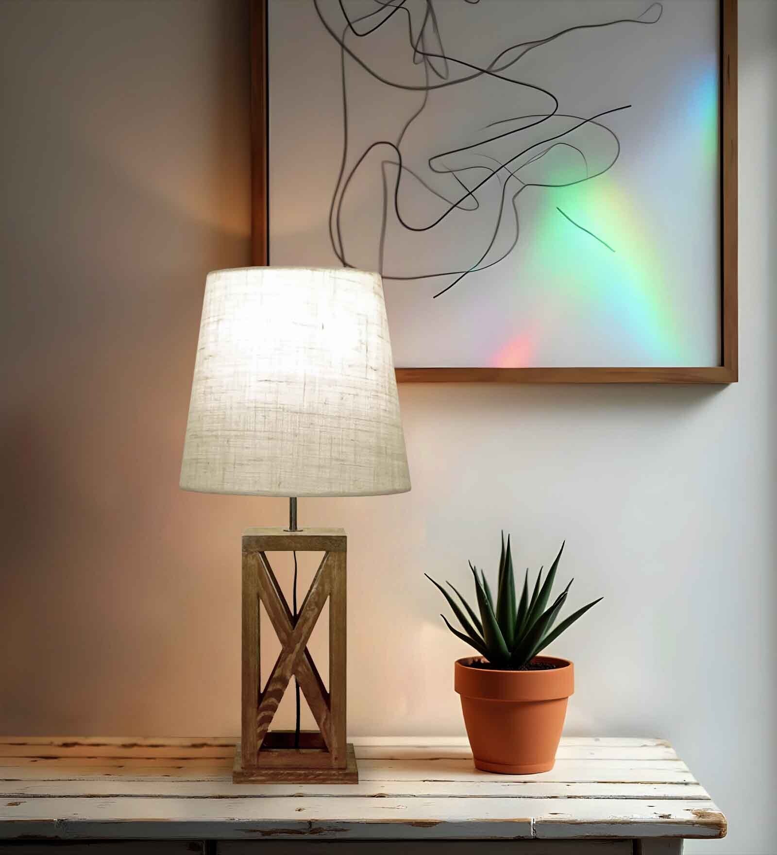 Symmetric Wooden Table Lamp with Jute Shade & Brown Base