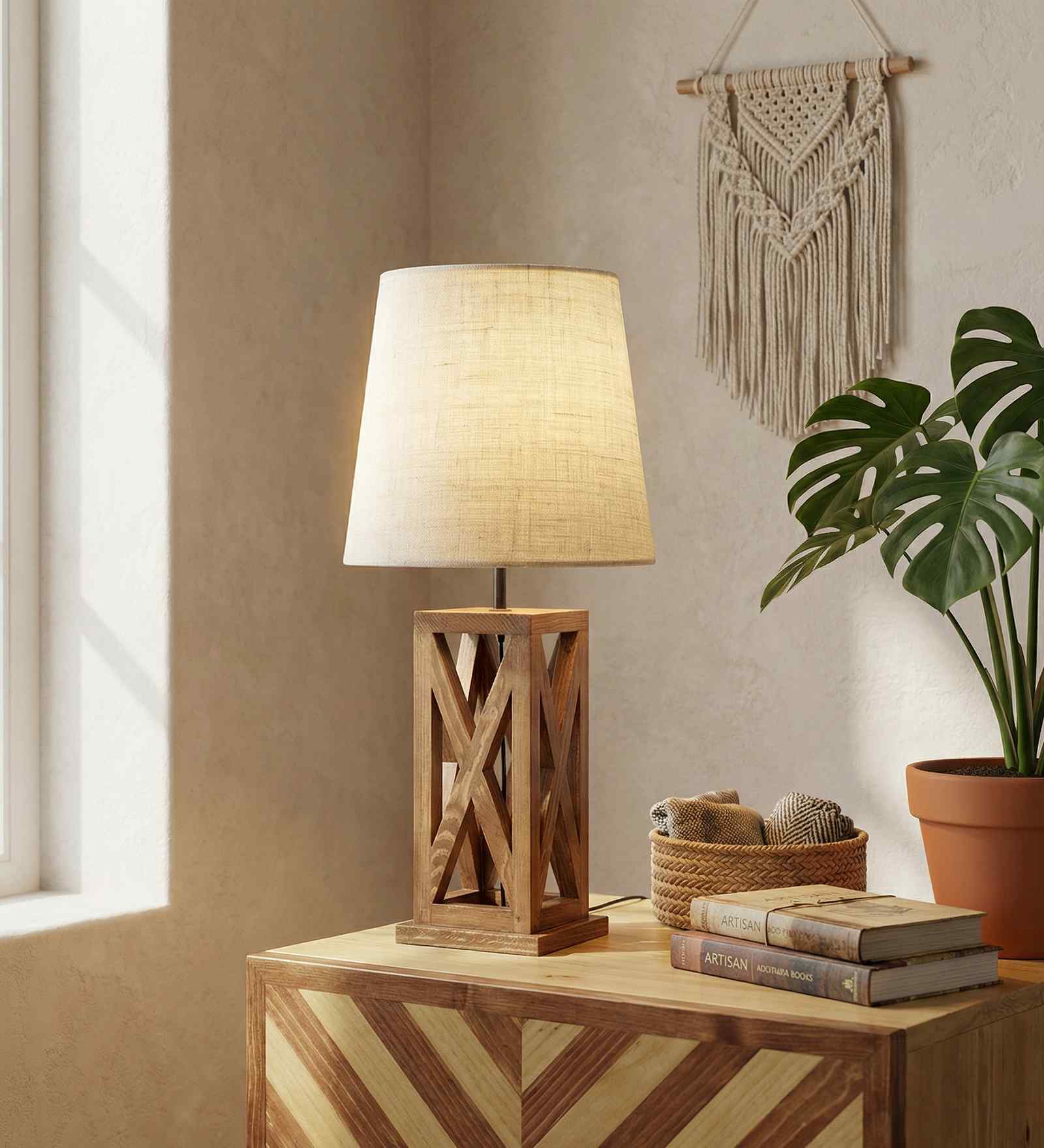 Symmetric Wooden Table Lamp with Jute Shade & Brown Base