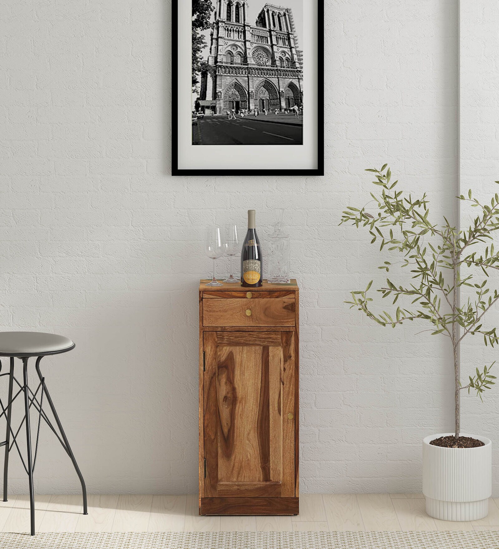 Syrna Sheesham Wood Bar Cabinet In Rustic Teak Finish