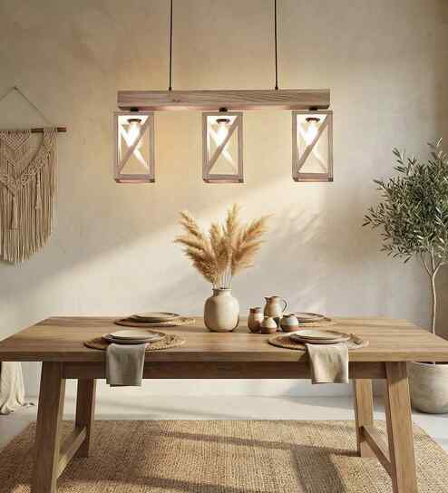 Symmetric 3 Lights Beige Solid Wood Linear Chandelier Cluster Hanging Light
