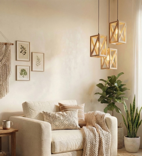 Symmetric Beige Solid Wood Cluster Hanging Lights