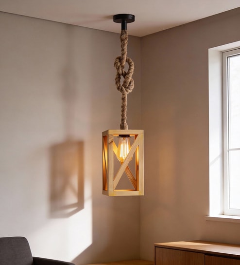 Symmetric Beige Solid Wood Single Hanging Light