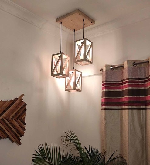 Symmetric Beige Solid Wood Cluster Hanging Lights