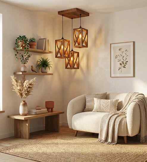 Symmetric Brown Solid Wood Cluster Hanging Light