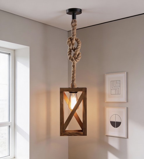 Symmetric Brown Solid Wood Single Hanging Light