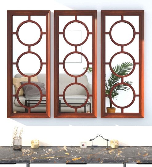 Sythetic Wood Rectangular Wall Mirror in Brown colour