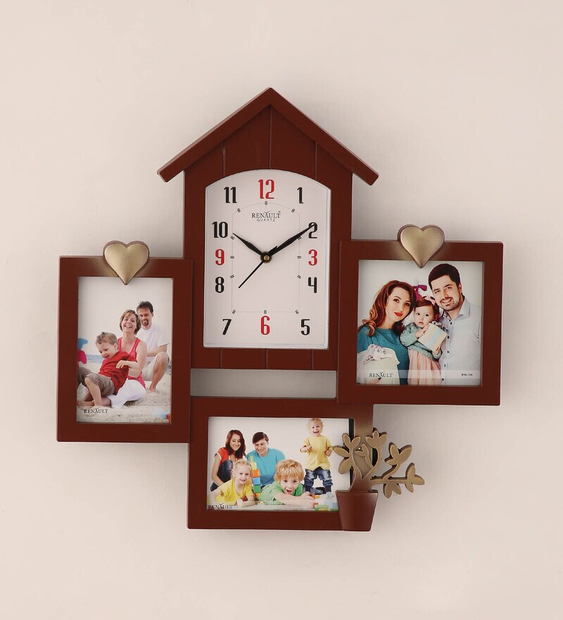 Buy Synthetic House Shape Wall Clock With Photo Frames In Black By