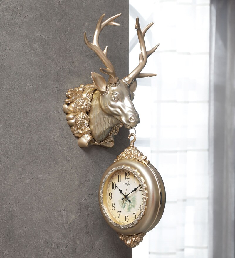 Buy Synthetic Reindeer Hanging Wall Clock In Golden By FunkyDecors