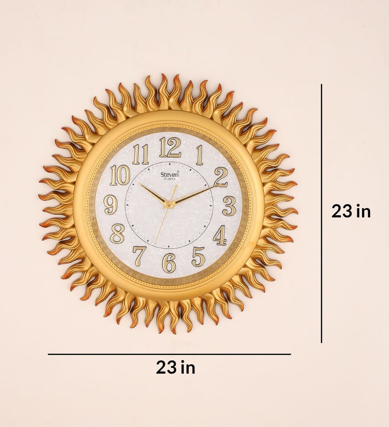 Buy Synthetic Sun Shaped Wall Clock In Golden By FunkyDecors Online