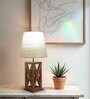 Symmetric Wooden Table Lamp with Jute Shade & Brown Base