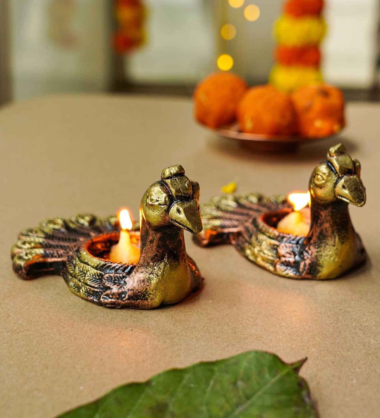Peacock Terracotta Gold Diya Set (Pack Of 4)