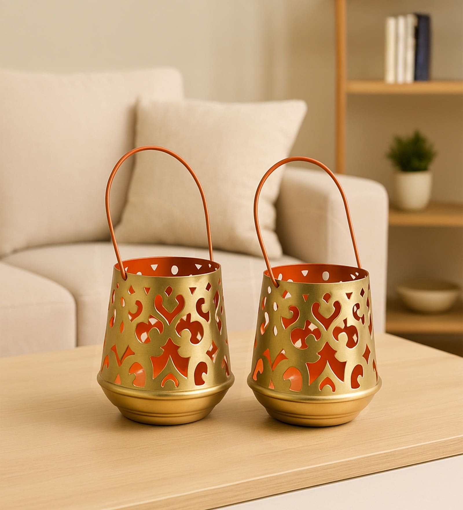 Orange Metal Hanging Tealight Holder Set Of 2
