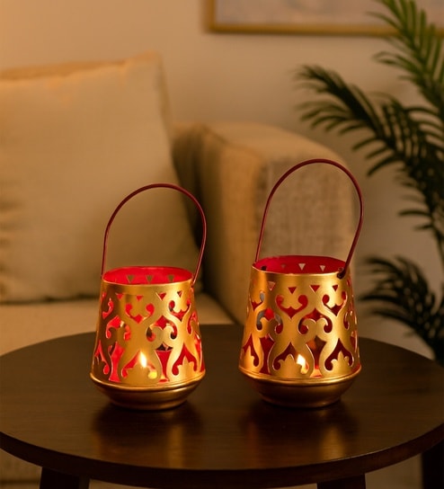 Red Metal Hanging Tealight Holder Set Of 2