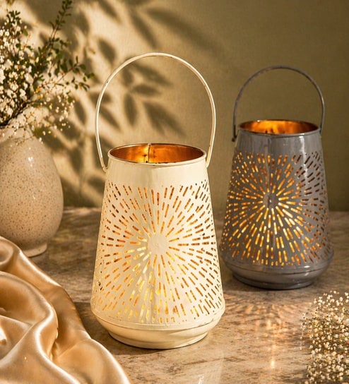 market 99 Grey & Off White Metal Tea Light Holder Set Of 2-picture-24