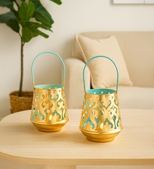Blue Metal Leaf Tealight Holder