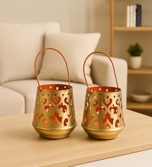Orange Metal Hanging Tealight Holder Set Of 2