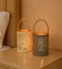 Grey & Off White Metal Round Hanging Tea Light Holder Set Of 2