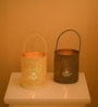 Grey & Off White Metal Round Hanging Tea Light Holder Set Of 2