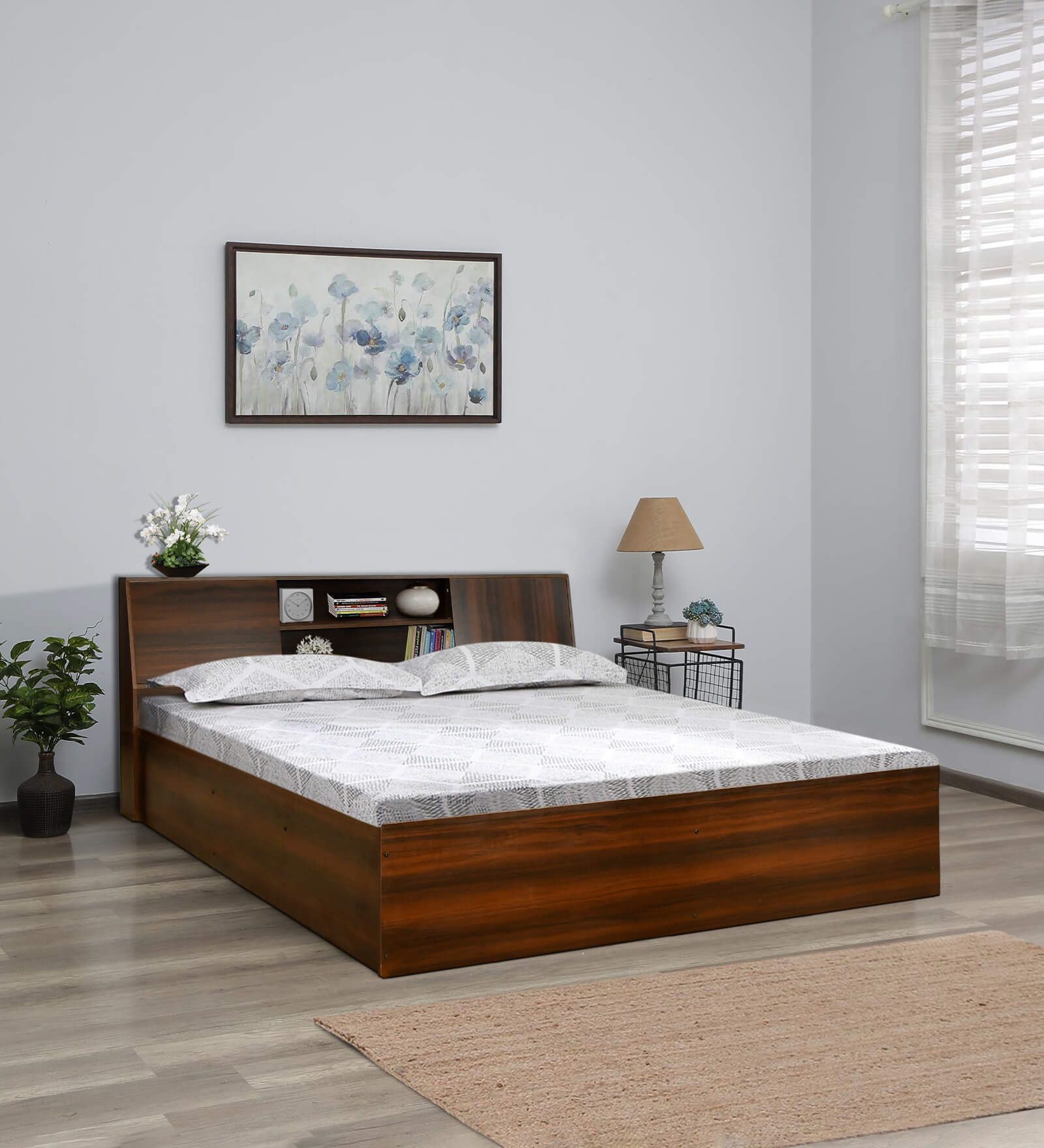 Tahara Queen Size Bed in Virola Wood Finish with Box Storage & Headboard Storage