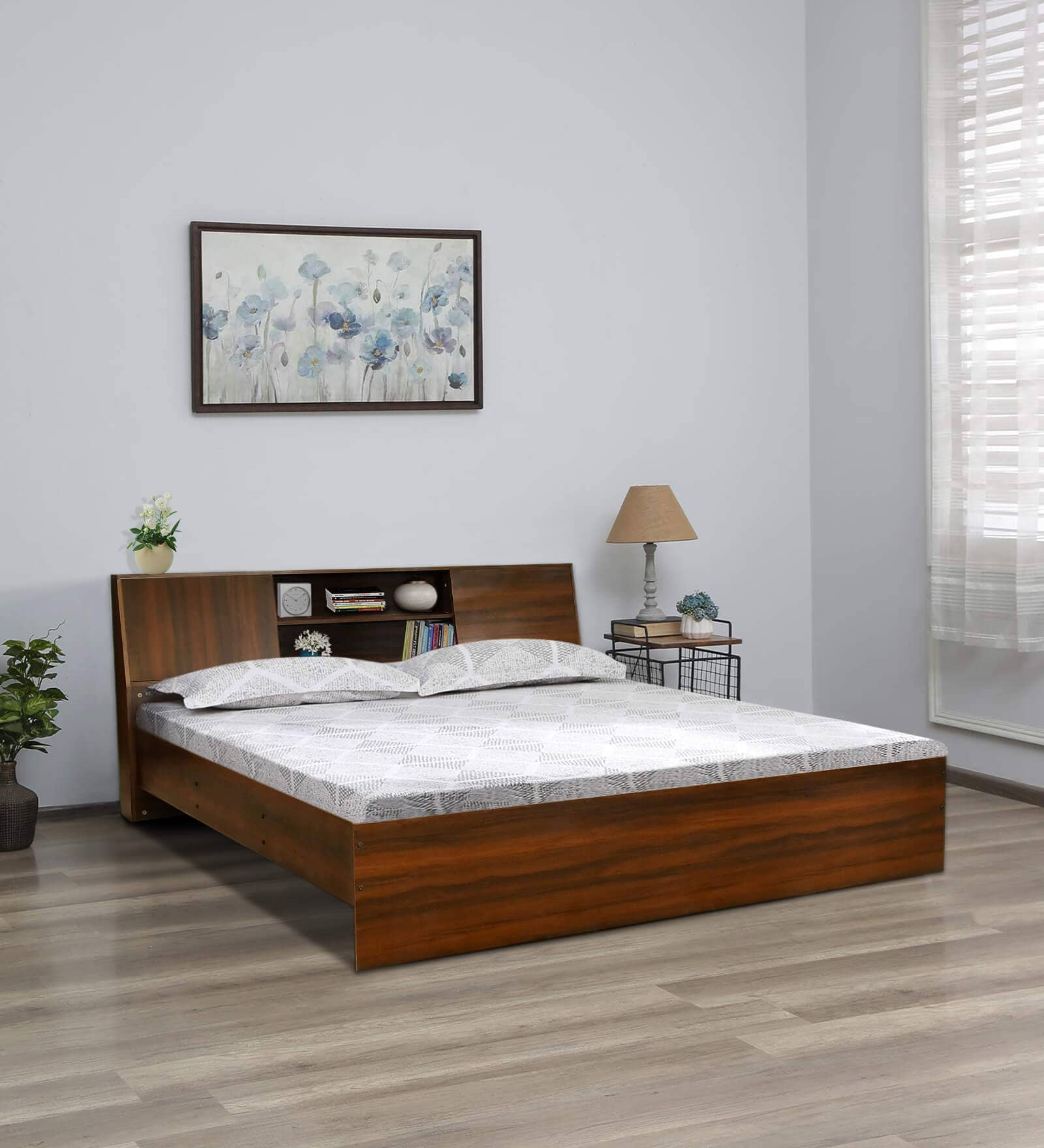 Buy Tahara Queen Size Bed In Virola Wood Finish With Headboard Storage 