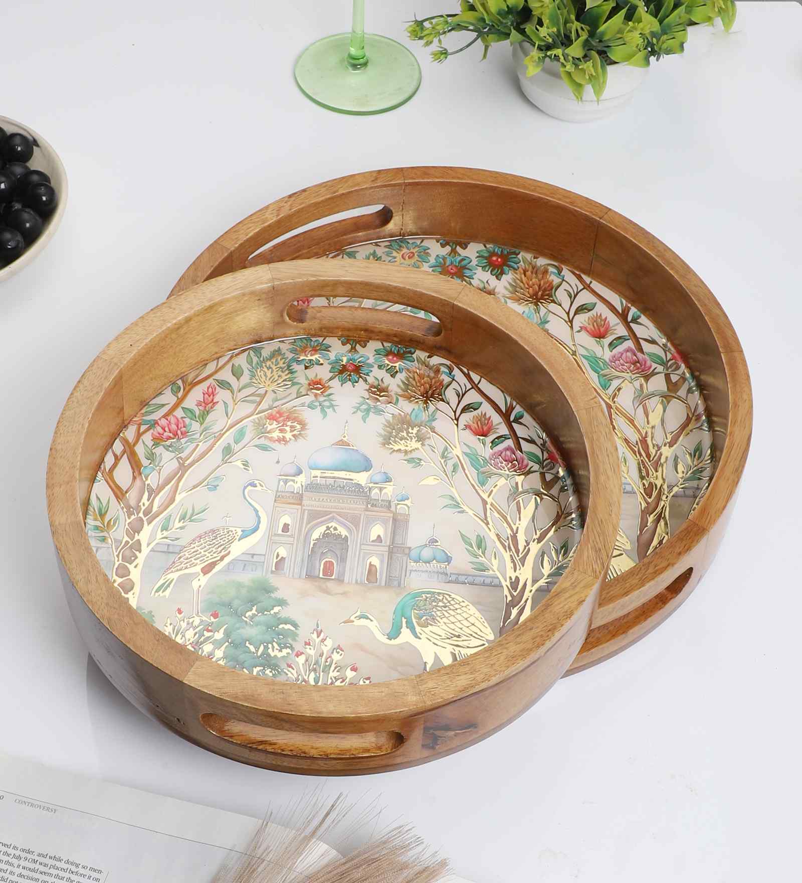 Taj Mahal Garden Wooden Tray Set   Mughal Art Design (Set of 2)