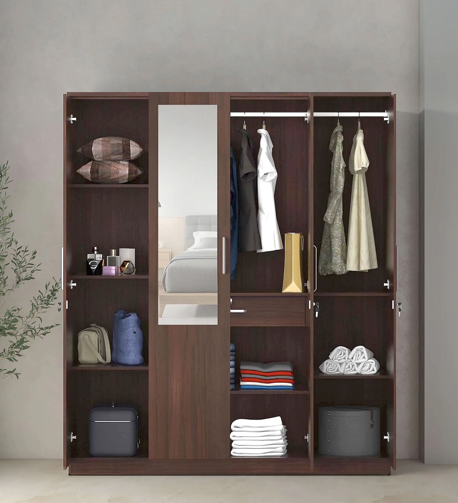 Takashi 4 Door Wardrobe in Regato Walnut Finish with Drawer